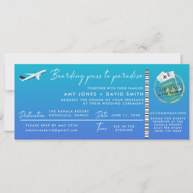 Beach Destination Wedding Boarding Pass Invitation (Front)