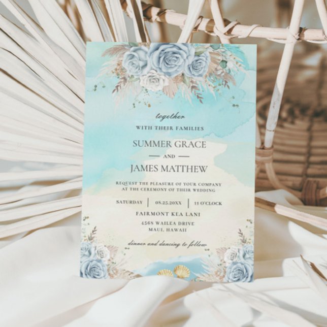 Beach Destination Wedding Pampas Grass Blue Floral Invitation (Creator Uploaded)