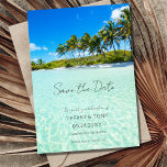Beach Destination Wedding Photo Save the Date<br><div class="desc">Tropical palm tree-lined beach wedding save the date card in a vertical layout.  Customise with your wedding details on the front and add your vertical photo to the back.</div>
