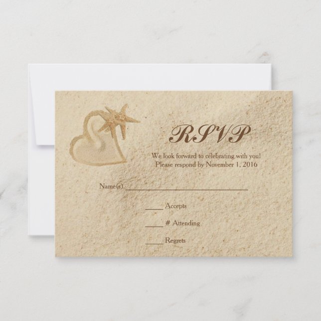Beach Destination Wedding RSVP Sand & Heart Card (Front)