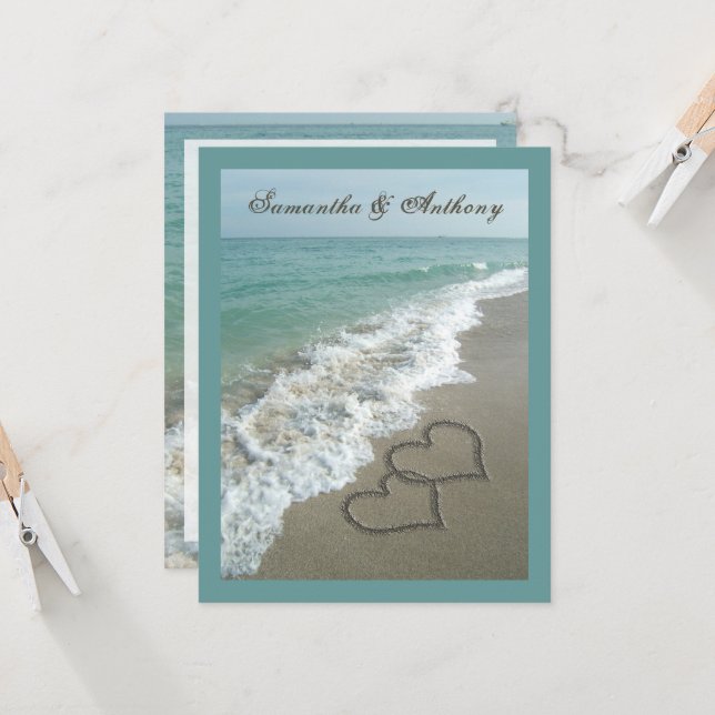 Beach Destination Wedding Sand Hearts Medium Size Invitation (Front/Back In Situ)