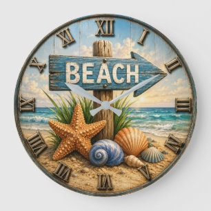 Beach Direction Sign Coastal Beach House Nautical Large Clock