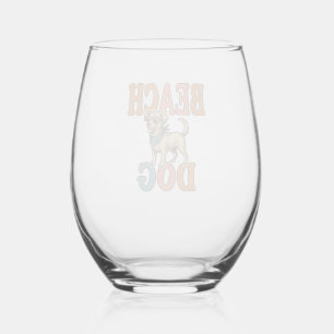 Beach Dog Vintage Engraving Graphic Design_1 Stemless Wine Glass