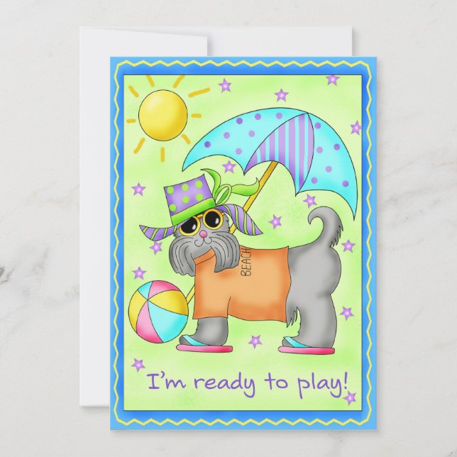 Beach Dog Whimsy Art Green Blue Invitation (Front)