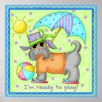 Beach Dog Whimsy Art Green Blue