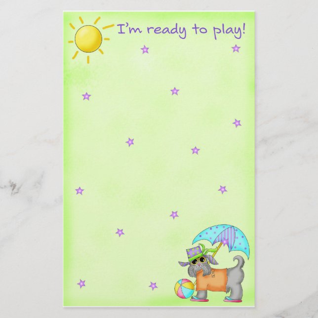 Beach Dog Whimsy Art Green Blue Stationery (Front)