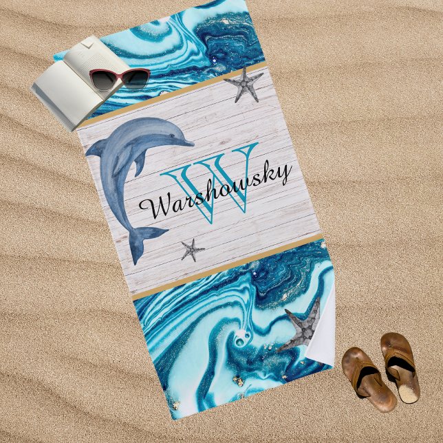 Beach Dolphin Blue Marble Family Monogram  Beach Towel (Creator Uploaded)