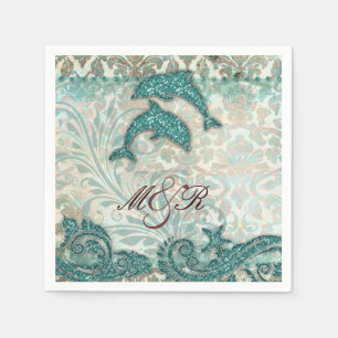 Beach Dolphin Damask Wedding Anniversary Napkin