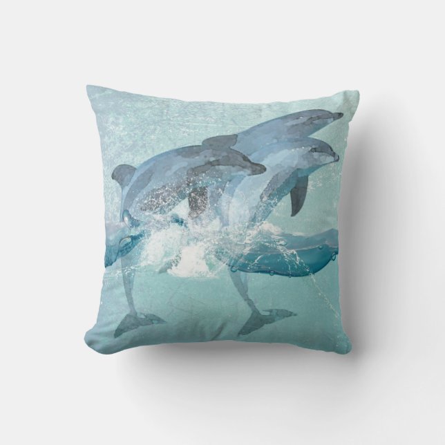 Beach Dolphins Nautical Watercolor Cushion (Front)