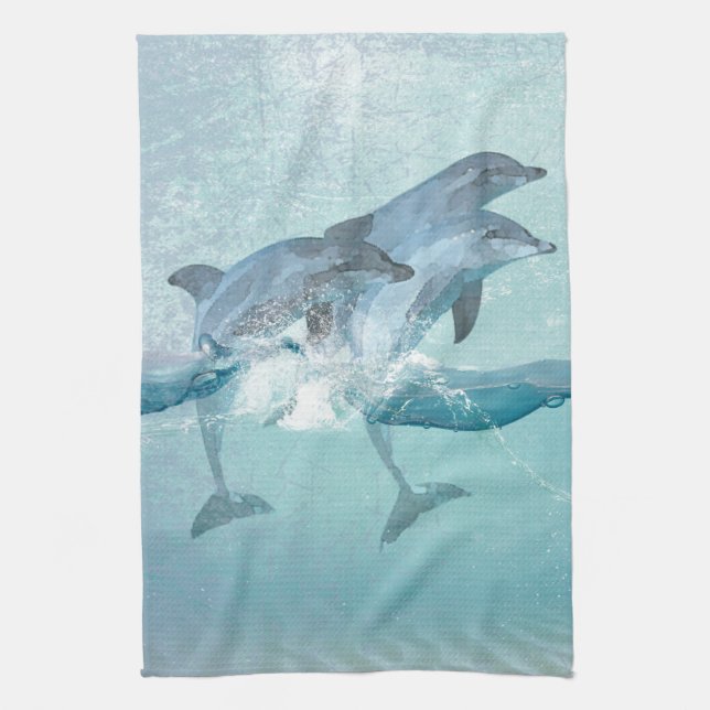 Beach Dolphins Nautical Watercolor Tea Towel (Vertical)