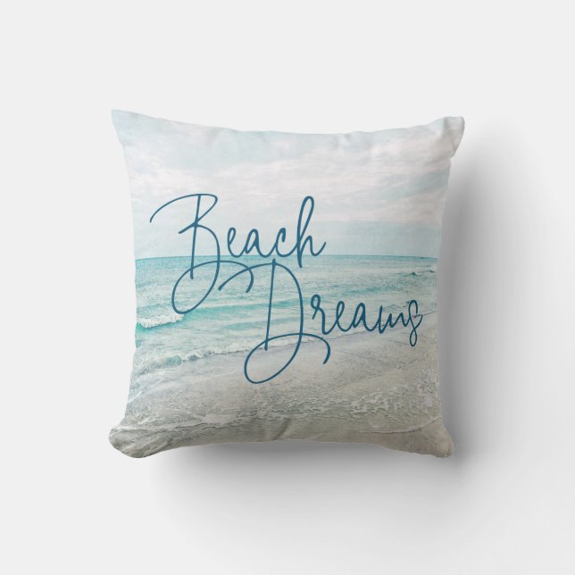 Beach Dreams Inspirational Quote Retro Ocean Waves Cushion (Front)
