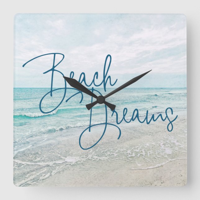 Beach Dreams Inspirational Quote Retro Ocean Waves Square Wall Clock (Front)