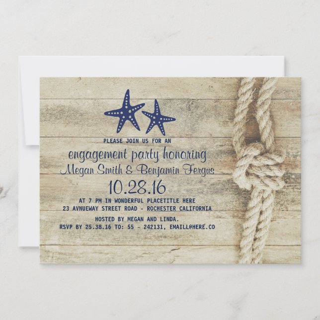 Beach Driftwood Nautical Navy Engagement Party Invitation (Front)