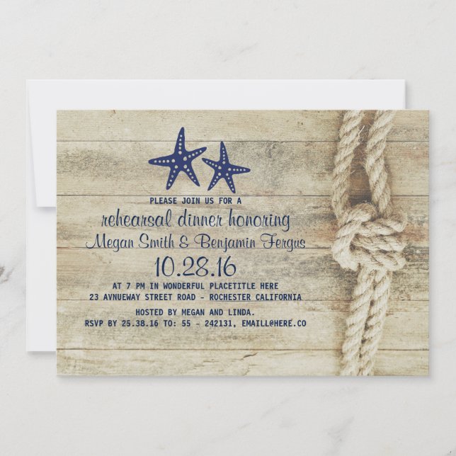 Beach Driftwood Nautical Navy Rehearsal Dinner Invitation (Front)