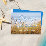 Beach Dunes Merry Christmas Flat Cards<br><div class="desc">Seacoast Merry Christmas one-sided flat cards. Customise your choice of greeting over a background image of ocean dunes with tall, waving grass. This unique coastal themed holiday card has shadow text which is white with blue. The signature is in white script near the bottom. The back of the card is...</div>