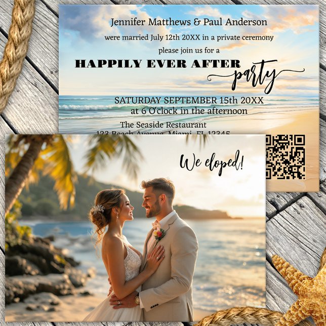 Beach Elopement Happily Ever After Wedding Photo  Invitation (Happily ever after or elopement photo wedding invitation featuring a watercolor painting of a beach)