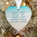 Beach Engagement Heart Shaped Photo Ornament<br><div class="desc">Heart-shaped engagement ornament with beach scene and photo template. Black script wording tells an engagement story,  with names,  "she said yes" with date and location of proposal.   Add a photo of the couple to the back.</div>
