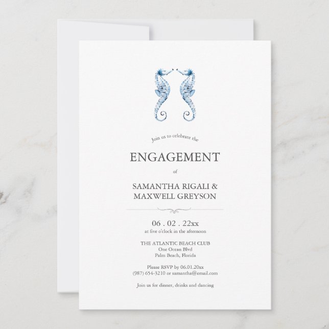 Beach Engagement Party Invitations Blue Seahorses (Front)
