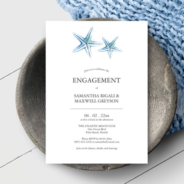 Beach Engagement Party Invites Watercolor Starfish (Beach engagement party invites feature unique watercolor starfish art by Victoria Grigaliunas)