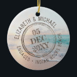 Beach Engagement Passport Stamp Destination Ceramic Tree Decoration<br><div class="desc">Beach Destination Engagement Ornament with a custom personalised passport entry stamp design with editable text for names,  engagement date,  and location,  plus add your own photo on the back.</div>