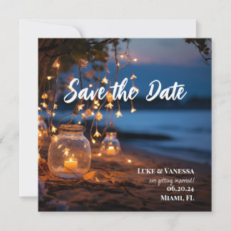 Beach evening fairy lights destination save the date