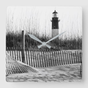 Beach Fences And Lighthouse Square Wall Clock