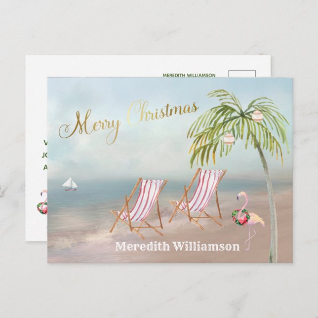 Beach Flamingo Merry Christmas Budget Postcard (Front/Back)
