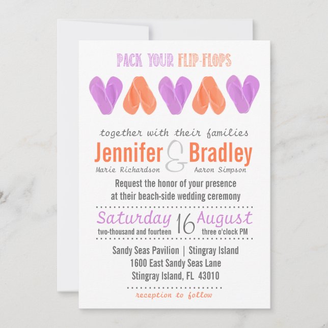 Beach Flip Flop Hearts Radiant Orchid and Coral Invitation (Front)