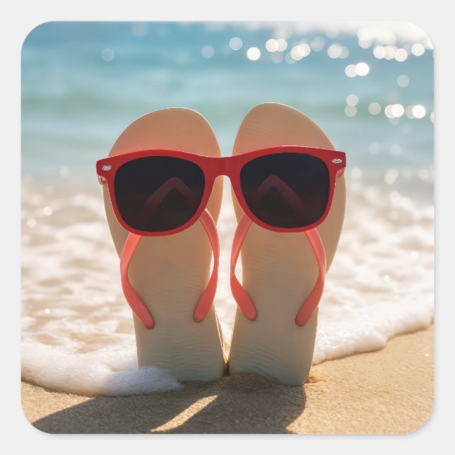 Beach Flip-flops with Red Sunglasses Square Sticker (Front)