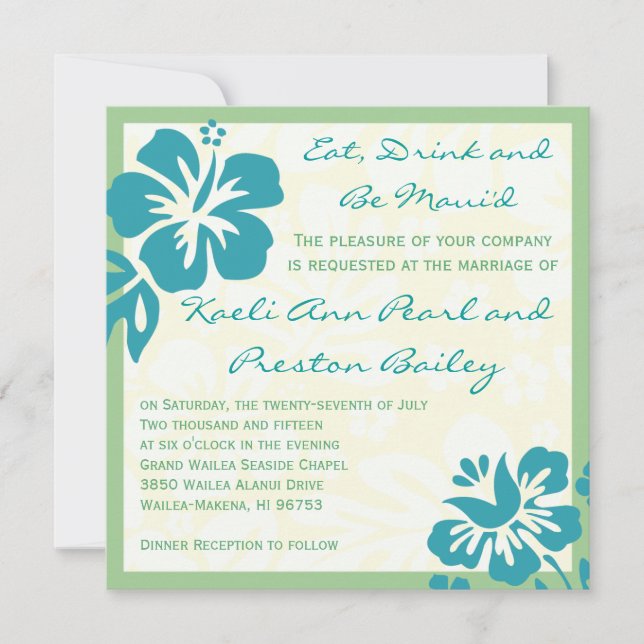 Beach Flowers Blue Green Wedding Invitation (Front)