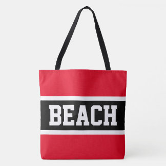 BEACH Fun Athletic Bright Red Black White Stripes Tote Bag