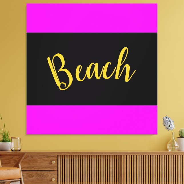 BEACH Fun Bold Bright Tropical Pink Black Stripes Canvas Print (Insitu(LivingRoom))