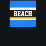 BEACH Fun Bright Blue Black White Yellow Stripes Canvas Print<br><div class="desc">This colourful sporty design features bold BEACH text inside a wide black horizontal centre stripe with white and golden yellow racing stripes against bright blue outer stripes.   The text can be personalised.</div>