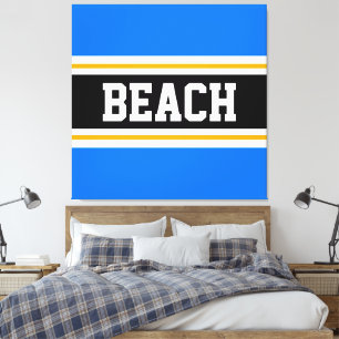 BEACH Fun Bright Blue Black White Yellow Stripes Canvas Print