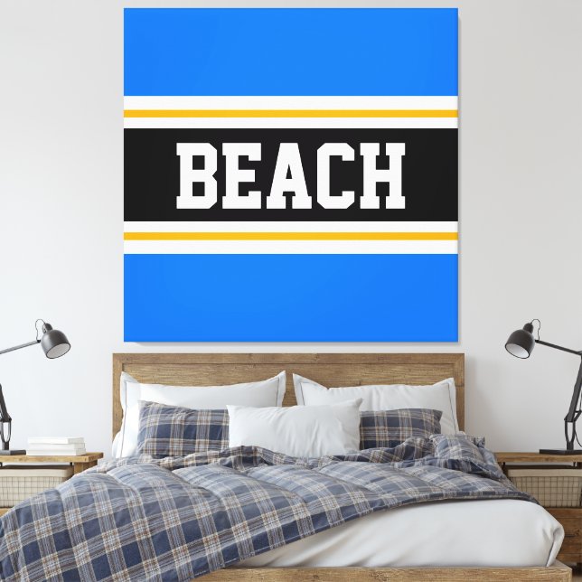 BEACH Fun Bright Blue Black White Yellow Stripes Canvas Print (Insitu(Bedroom))