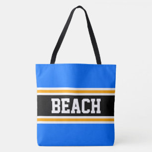 BEACH Fun Bright Blue Orange Black Summer Stripes Tote Bag