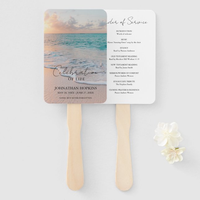 Beach Funeral Celebration of Life Order of Service Hand Fan (Front and Back)
