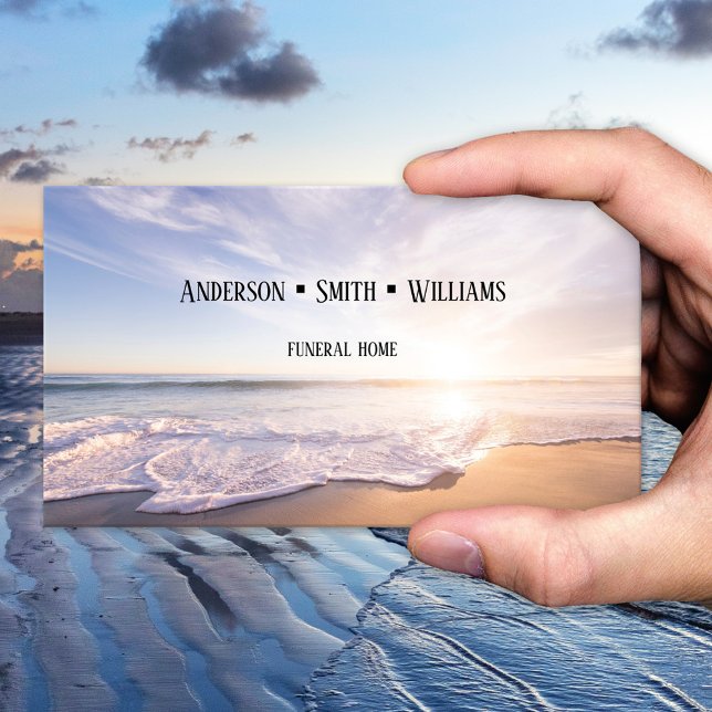 Beach Funeral Cremation Services Business Card (A business card featuring a sunset on the beach. Cremation services - undertaker - funeral home)