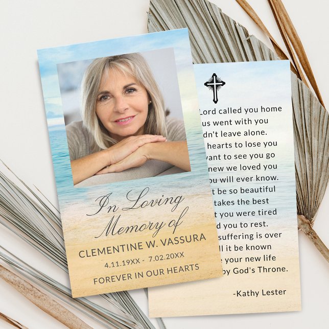 Beach Funeral Memorial Prayer Photo Card (Creator Uploaded)