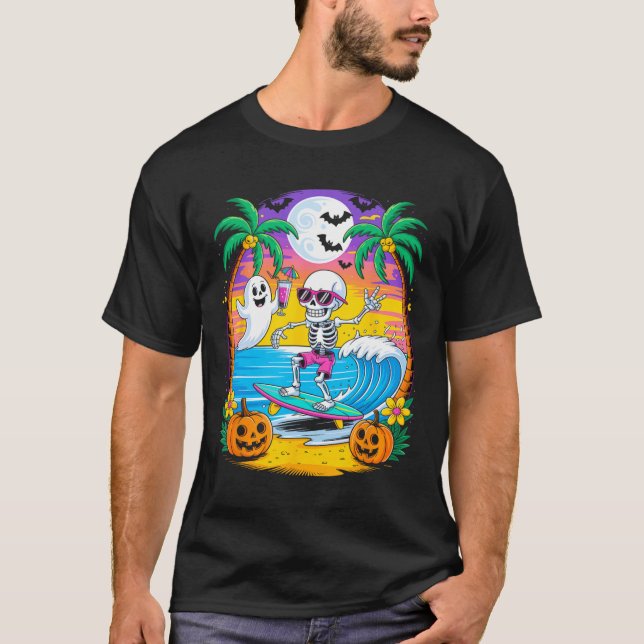 Beach Funny Halloween Vibes Summerween Skeleton Gh T-Shirt (Front)