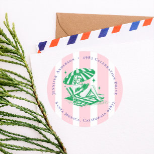 Beach Girl Pink Cabana Stripe Return Address Classic Round Sticker