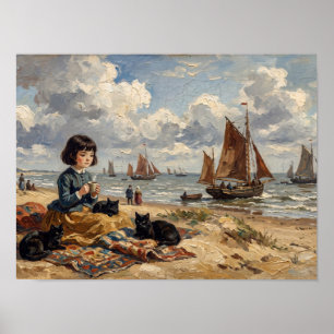 Beach Girl with Black Cats Painting Poster