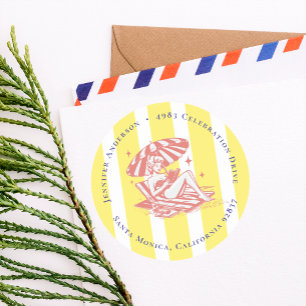 Beach Girl Yellow Cabana Stripe Return Address Classic Round Sticker