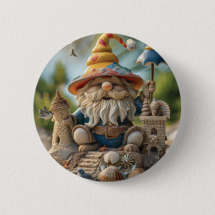 Beach gnome sitting on a beach throne 6 cm round badge