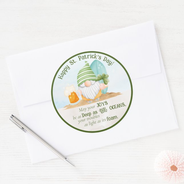 Beach Gnome St Patrick's Day Classic Round Sticker (Envelope)