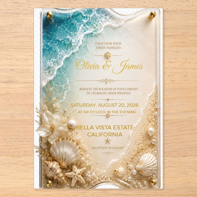Beach Gold Acrylic Wedding Invitation Ocean Shells (Front)