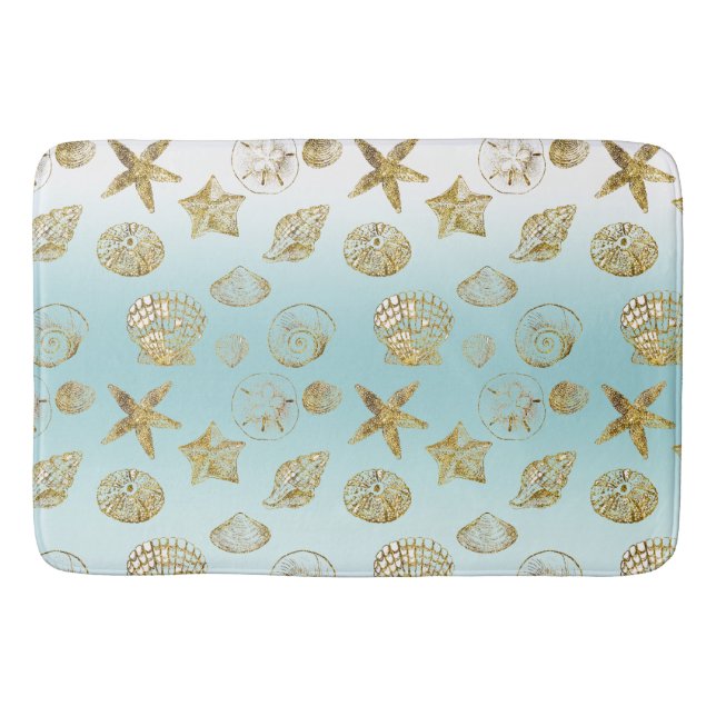 Beach Gold Sea Shells Aqua Blue Ombre   Bath Mat (Front)