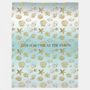 Beach Gold Sea Shells Aqua Blue Ombre Fleece Blanket