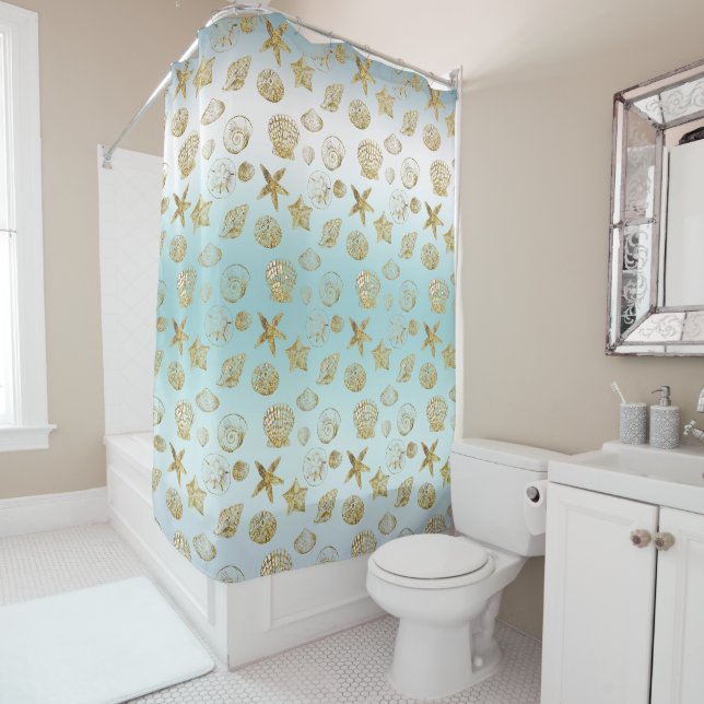 Beach Gold Sea Shells Aqua Blue Ombre  Shower Curtain (In Situ)