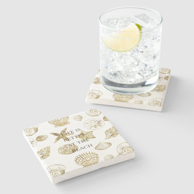 Beach Gold Sea Shells Stone Coaster (Side)